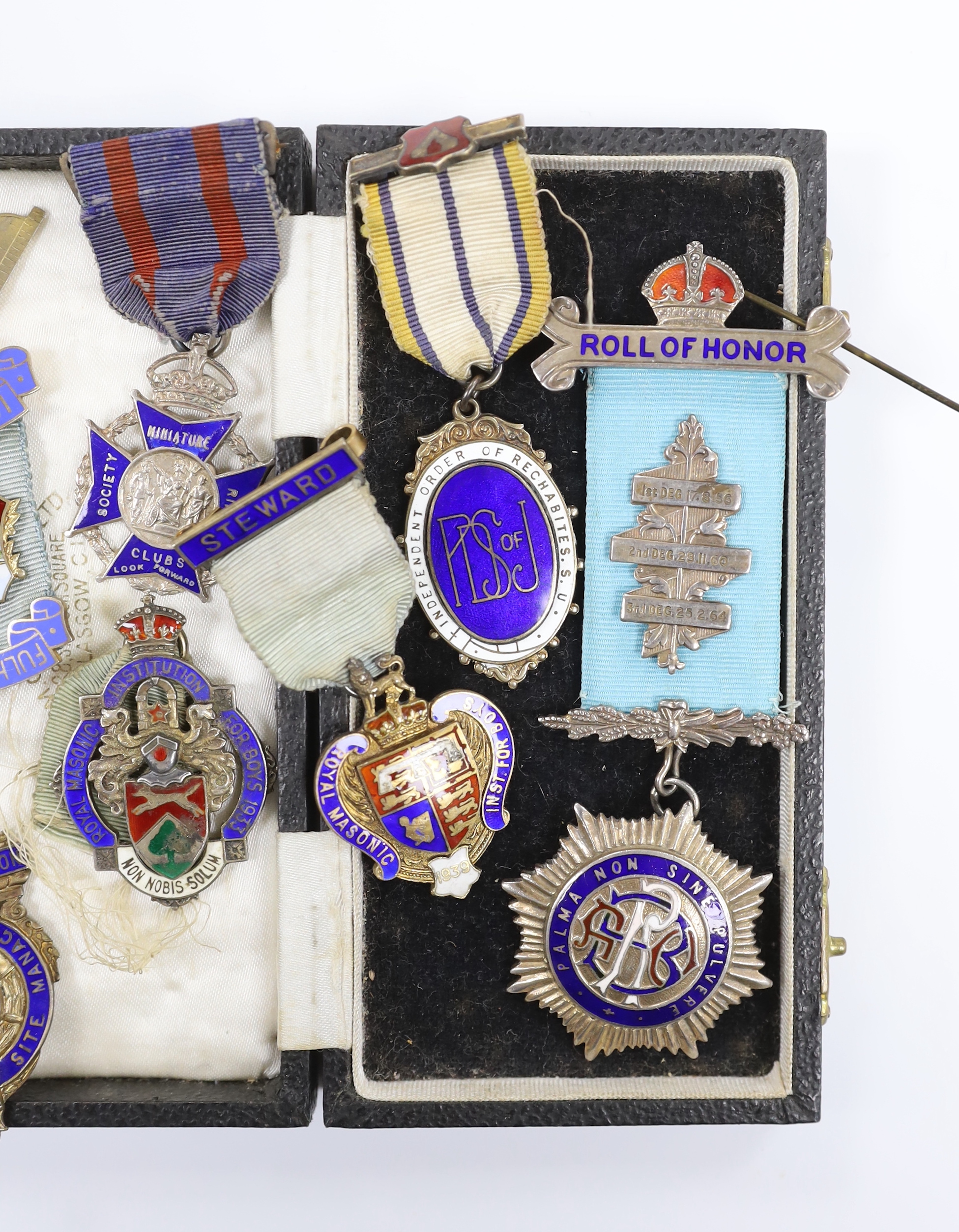 Eight silver and enamel Masonic medals 1930s-1970s, all with silver hallmarks, including; a past president medal, a Fulham lodge medal, a Rifle club medal, a Steward’s medal, an Independent Order of Rechabites S.U., etc.